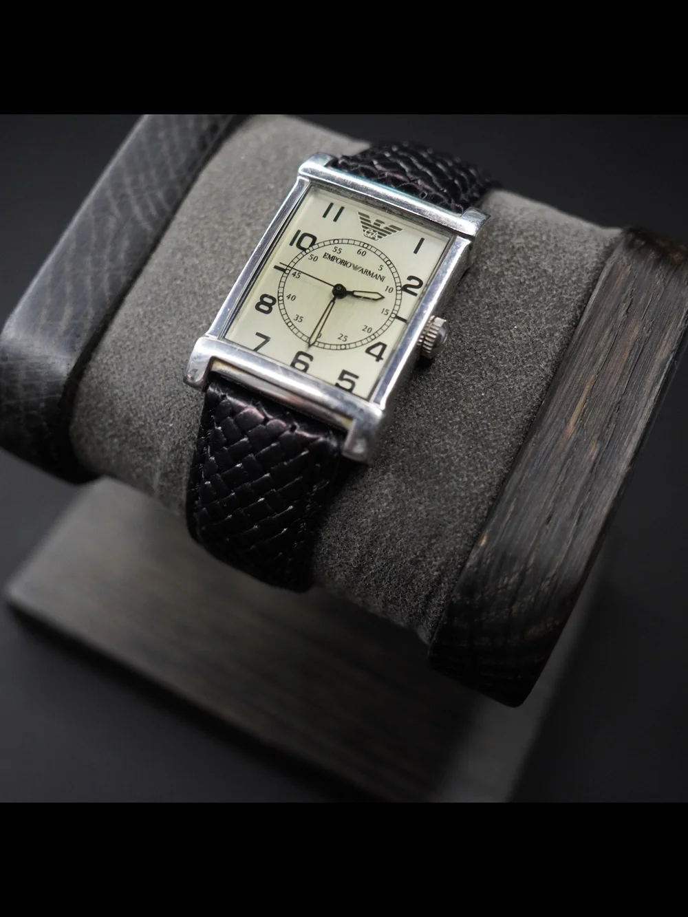 Emporio Armani AR-0211 Men's Tank Silver Dial Quartz Watch Black Leather